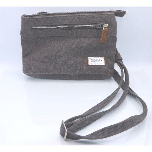 Travelon RFID Crossbody Bag With Striped Lining  Adjustable Strap In Gray Canvas - Picture 1 of 7